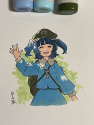 Rule 34 | 1girl, ^ ^, aqua jacket, aqua skirt, art tools in frame, backpack, bag, blue hair, closed eyes, cropped legs, facing viewer, green bag, green hat, grin, hat, highres, jacket, kawashiro nitori, key, long sleeves, marker, marker (medium), shiratama (hockey), signature, skirt, smile, solo, touhou, traditional media, two side up, waving