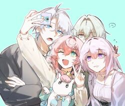 ... 2boys 2girls alternate_costume anaxa_(honkai:_star_rail) aqua_background aqua_hair blue_eyes breasts bright_pupils castorice_(honkai:_star_rail) casual collarbone creature eyepatch grey_corset grey_hair grey_shirt grin half-closed_eyes highres holding holding_phone honkai:_star_rail honkai_(series) hyacine_(honkai:_star_rail) little_ica_(honkai:_star_rail) lower_teeth_only medical_eyepatch multiple_boys multiple_girls one_eye_closed one_eye_covered open_mouth phainon_(honkai:_star_rail) phone pink_hair pointy_ears purple_hair selfie shirt simple_background smile spoken_ellipsis teeth twintails v white_pupils white_shirt yulm315001