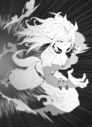 1girl absurdres android_21 bare_shoulders breasts cleavage clenched_hand closed_mouth dragon_ball dragon_ball_fighterz earrings full_body greyscale harem_pants highres hoop_earrings jewelry majin_android_21 medium_breasts midriff monochrome motion_lines muscular muscular_female pants pink_skirt pink_tail pointy_ears red_eyes simple_background skirt solo speed_lines spot_color strapless tail tube_top white_background zequung