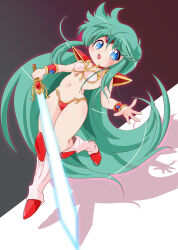 Rule 34 | 1girl, armor, ayanokouji rem, bikini, bikini armor, blue eyes, blush, bracer, breasts, dream hunter rem, green hair, highres, kneehighs, leg up, long hair, navel, open mouth, pauldrons, pink bikini, pink socks, red bikini, red shoes, shoes, shoulder armor, small breasts, socks, solo, standing, standing on one leg, stomach, swimsuit, sword, thighs, tiara, very long hair, weapon, yoppi98ro
