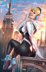 1girl absurdres ass bird black_bodysuit blonde_hair blue_eyes blue_shoes bodysuit building city cloud day empire_state_building eyebrow_piercing headphones highres looking_at_viewer looking_back marvel mike_krome multicolored_bodysuit new_york_city outdoors piercing shoes sitting skyscraper sneakers solo spider-gwen spider-man_(series) white_bird white_bodysuit