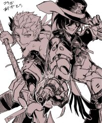 Rule 34 | 2boys, aiming, aiming at viewer, atiti monti, back-to-back, boothill (honkai: star rail), cowboy hat, cu chulainn (fate), cu chulainn (honkai: star rail) (fate), cyborg, fate/stay night, fate (series), fur-trimmed jacket, fur trim, gae bolg (fate), greyscale, grin, gun, hair over one eye, hair slicked back, hand on own hat, handgun, hat, highres, holding, holding gun, holding polearm, holding weapon, honkai: star rail, honkai (series), jacket, long sleeves, looking at viewer, low ponytail, male focus, monochrome, multicolored hair, multiple boys, polearm, ponytail, sharp teeth, simple background, sketch, smile, spear, streaked hair, teeth, two-tone hair, v-shaped eyebrows, weapon, zipper pull tab