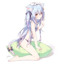 1girl absurdres animal_ear_fluff animal_ears bare_arms bare_legs bare_shoulders barefoot bell bikini black_bikini black_bow blue_hair bow brown_eyes cat_ears cat_girl cat_tail finger_to_mouth full_body gradient_hair hair_between_eyes hair_bow hand_up highres jingle_bell long_hair looking_at_viewer mo_(pixiv9929995) multicolored_hair one_side_up original parted_lips pillow purple_hair shadow signature simple_background straddling swimsuit tail tail_bell tail_bow tail_ornament very_long_hair white_background