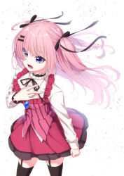 1girl =_hair_ornament absurdres black_bow black_ribbon black_thighhighs blue_eyes blurry bow choker commentary cowboy_shot depth_of_field dress eyes_visible_through_hair floating_hair frilled_choker frilled_dress frilled_sleeves frills garter_straps hair_between_eyes hair_bow hair_ornament hair_ribbon hairclip hand_on_own_chest hand_up highres himukai_kanata jewelry kami_no_ue_no_mahou_tsukai long_hair long_sleeves looking_ahead lower_teeth_only neck_ribbon open_mouth pendant pink_dress pink_hair ribbon ririi_(ai-my_talikng) shirt sidelocks simple_background sleeveless sleeveless_dress solo star_(symbol) star_hair_ornament teeth thighhighs twitter_username two_side_up v-shaped_eyebrows very_long_hair white_background white_shirt zettai_ryouiki
