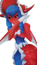 Rule 34 | baltarbd, black sclera, blue hair, colored sclera, digimon, digimon (creature), dress, fangs, frilled dress, frills, hat, horns, lamia, lamiamon, looking at viewer, monster girl, ribbon, smile, yellow eyes