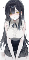 Rule 34 | 1girl, absurdres, black hair, black ribbon, black skirt, blush, breasts, closed mouth, commentary, commission, cowboy shot, dot nose, english commentary, frilled shirt, frills, hair over one eye, highres, huu (dighapdlxm12), large breasts, light frown, long hair, miniskirt, neck ribbon, original, own hands together, revision, ribbon, shirt, simple background, single sidelock, skirt, solo, v arms, very long hair, white background, white shirt