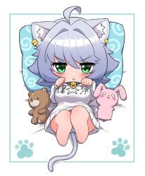 1girl absurdres animal_ear_fluff animal_ears bear blush cat_ears cat_girl cat_tail chibi clothes_writing collar commentary_request earrings grey_hair highres jewelry looking_at_viewer lying mole mole_under_mouth ngetyan on_back original oversized_clothes panties paw_pose paw_print pillow print_pillow rabbit renge_(ngetyan) short_hair solo spiral star_(symbol) striped_clothes striped_panties stuffed_animal stuffed_rabbit stuffed_toy sweater tail translation_request underwear