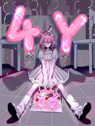 Rule 34 | 1girl, absurdres, alternate footwear, anniversary, baka janai noni (zutomayo), black hair, black nails, blue eyes, cake, center-flap bangs, closed mouth, colored inner hair, dress, fingernails, floor, food, grey dress, grey shoes, hat, highres, letter balloon, long sleeves, medium hair, multicolored hair, myon (tokipi), nail polish, nira-chan, nira-chan (baka janai noni) (zutomayo), number balloon, official alternate costume, on floor, party hat, pink hair, puffy long sleeves, puffy sleeves, shoes, sitting, socks, straight-on, white socks, zutto mayonaka de ii no ni