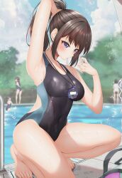 4girls black_hair black_one-piece_swimsuit blush breasts brown_hair competition_school_swimsuit competition_swimsuit hair_ornament hairband holding long_hair medium_breasts minato_ojitan multiple_girls one-piece_swimsuit original ponytail school_swimsuit short_hair stopwatch swimsuit watch white_hairband