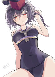 1girl absurdres asymmetrical_hair black_hair blue_one-piece_swimsuit blush breast_cutout breasts brown_eyes brown_neckerchief framed_breasts from_below hair_between_eyes headphones highres hizaka i-13_(kancolle) kantai_collection looking_at_viewer looking_down neckerchief one-piece_swimsuit sailor_collar school_swimsuit short_hair signature sitting smile solo swimsuit twitter_username white_background white_sailor_collar