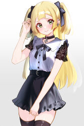 1girl absurdres alternate_costume belt black_belt black_bow black_collar black_nails black_skirt blonde_hair bow closed_mouth collar commentary_request cowboy_shot creatures_(company) ear_piercing earrings eyelashes game_freak green_eyes hair_bow hand_up highres jewelry jirai_kei lillie_(pokemon) long_hair nail_polish nintendo piercing pokemon pokemon_sm shirokumaru_(yafm7388) shirt short_sleeves simple_background skirt smile solo thighhighs two_side_up white_background zettai_ryouiki