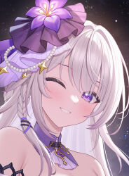 1girl ;d armpit_crease bare_shoulders black_sky blush braid choker cropped detached_collar fascinator flower fukuro_daizi grey_hair grin hair_flower hair_intakes hair_ornament herta_(honkai:_star_rail) highres honkai:_star_rail honkai_(series) key key_choker light_particles long_hair looking_at_viewer night night_sky official_alternate_costume one_eye_closed open_mouth paid_reward_available pearl_hair_ornament portrait purple_eyes purple_flower side_braid sky smile solo star_(sky) star_(symbol) starry_sky the_herta_(honkai:_star_rail) the_herta_(star_rail_live_2025)_(honkai:_star_rail) variant_set