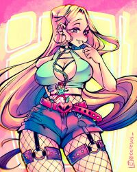 1boy 1girl 2021 abstract_background aria_(ceresus) arm_behind_back black_shorts blue_hoodie blue_shirt blue_shoes blush breasts brown_pants ceresus chain cleavage collar collarbone commentary contrapposto cowboy_shot crop_top ear_piercing earrings english_commentary eyeshadow finger_to_mouth fishnet_pantyhose fishnets floating_hair giant giantess green_eyes grin hair_ornament half-closed_eyes highres hood hoodie hoop_earrings jewelry large_breasts long_hair looking_at_another makeup midriff mini_person miniboy naughty_face original pants pantyhose parted_bangs pastel_colors piercing pink_background purple_eyeshadow restrained shirt shoes shorts size_difference skull_belt skull_hair_ornament sleeveless smile straight_hair thighs very_long_hair worried