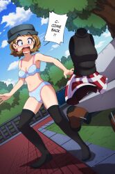1girl black_hat black_shirt black_thighhighs blue_bra blue_panties blue_sky boots bra brown_boots embarrassed euf-dreamer female_focus hat highres living_clothes nintendo panties plaid_clothes plaid_skirt pleated_skirt pokemon pokemon_(anime) porkpie_hat red_skirt serena_(pokemon) shirt shoes skirt sky sleeveless sleeveless_shirt solo source_request tagme thighhighs two-tone_skirt underwear unworn_shirt unworn_shoes unworn_skirt white_skirt