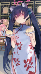 2girls ^_^ absurdres alternate_costume animal_ear_fluff animal_ears architecture steamed_bun bare_arms black_hair blue_archive blue_ribbon blush cat_ears china_dress chinese_clothes closed_eyes commentary cowboy_shot dress east_asian_architecture extra_ears floral_print food hair_between_eyes hair_ribbon halo hands_up highres hip_vent holding holding_food hoshino_(blue_archive) indoors long_hair looking_at_viewer mi_taro333 multiple_girls open_mouth parted_lips pink_hair pink_halo print_dress red_eyes ribbon serika_(blue_archive) shaded_face sleeveless sleeveless_dress slit_pupils smile solo_focus straight_hair sweatdrop trembling very_long_hair white_dress yandere