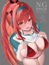 1girl aqua_hairband bikini blush breasts cleavage clothes_lift goddess_of_victory:_nikke hairband highres large_breasts lifting_own_clothes long_hair looking_at_viewer navel official_alternate_costume open_mouth ponytail rapi_(nikke) rapi_(red_hood)_(nikke) rapi_(red_hood)_(red_flavor)_(nikke) red_bikini red_eyes red_hair shirt shirt_lift simple_background smile solo stomach swimsuit thighs yazuki_(n_y_0714)