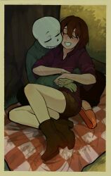 1boy 1other against_tree black_pants boots border brown_boots brown_hair brown_shorts closed_eyes frisk_(undertale) full_body grass highres holding_hands hug minominoks orange_slippers outdoors pants picnic_blanket purple_shirt sans_(undertale) shirt short_hair shorts sitting skeleton slippers smile teeth tree undertale