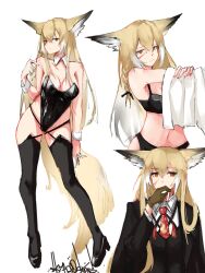 Rule 34 | 1girl, absurdres, animal ear fluff, animal ears, arknights, bare arms, bare shoulders, black jacket, black leotard, black thighhighs, black vest, blonde hair, breasts, brown gloves, cleavage, closed mouth, detached collar, fox ears, fox girl, fox tail, gloves, hair between eyes, highleg, highleg leotard, highres, holding, holding shirt, holding unworn clothes, jacket, large breasts, leotard, long hair, necktie, orange eyes, playboy bunny, red necktie, scar, scar on face, shirt, skyfrosters, solo, tail, thighhighs, unworn shirt, vest, vulpisfoglia (arknights), white shirt, wrist cuffs