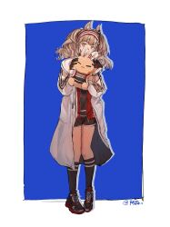 Rule 34 | 1girl, absurdres, angelina (arknights), animal ears, arknights, black collar, black shoes, black shorts, black socks, blue background, brown hair, chinese commentary, choshanland plushy (arknights), coat, collar, commentary request, covering face, earpiece, fox ears, fox girl, full body, hairband, highres, holding, holding stuffed toy, implied extra ears, infection monitor (arknights), jacket, kneehighs, lofter username, long hair, long sleeves, looking at viewer, open clothes, open coat, open jacket, orange eyes, pigeon-toed, red hairband, red jacket, shoes, short shorts, shorts, sneakers, socks, solo, striped clothes, striped hairband, stuffed animal, stuffed toy, twintails, two-tone background, two-tone hairband, unzipped, white background, white coat, xingfuyin145, zipper pull tab