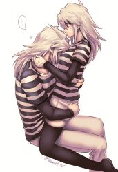 1boy 1girl bakura_ryou bantian96 between_breasts black_thighhighs breasts closed_mouth face_between_breasts feet_out_of_frame genderswap genderswap_(mtf) head_between_breasts hug long_hair shirt short_shorts shorts simple_background striped_clothes striped_shirt thighhighs white_background yami_bakura yu-gi-oh! yu-gi-oh!_duel_monsters