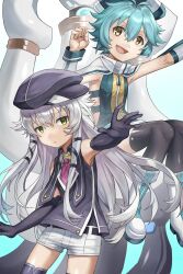 2girls 2others absurdres airgetlam_(kiseki) altina_orion beret black_gloves blue_background cancanbaobao55 claiomh_solais_(kiseki) denim denim_shorts double-parted_bangs eiyuu_densetsu elbow_gloves floating_hair front_zipper gloves gradient_background hair_between_eyes hat highres long_hair millium_orion multiple_girls multiple_others necktie open_mouth sen_no_kiseki sen_no_kiseki_(series) sen_no_kiseki_iii short_hair shorts siblings simple_background sisters smile yellow_eyes