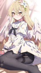 1girl absurdres angel_wings ass black_neckerchief black_pantyhose blue_archive blush branch brown_hair cameltoe commentary dress flower hair_flower hair_ornament halo highres hua-huahua leaf_hair_ornament long_hair looking_at_viewer nagisa_(blue_archive) neckerchief pantyhose pink_flower red_halo solo trinity_general_school_logo white_dress white_flower wings yellow_eyes