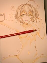 1girl ? absurdres ahoge art_tools_in_frame artist_name convenient_censoring dated dot_nose drawing_(object) dutch_angle empty_eyes highres holding holding_phone idolmaster idolmaster_cinderella_girls iraren_san kohinata_miho pencil phone selfie solo speech_bubble spoken_question_mark trembling v