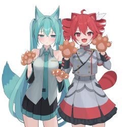 2girls absurdres ahoge animal_ears animal_hands aqua_eyes aqua_hair aqua_necktie aqua_trim bare_shoulders black_skirt black_sleeves bow buttons closed_mouth collared_shirt detached_sleeves double-breasted double-parted_bangs drill_hair fang frilled_skirt frills funakinuta gloves grey_jacket grey_shirt grey_skirt hair_between_eyes hair_bow hair_intakes hatsune_miku highres jacket kasane_teto kasane_teto_(sv) kemonomimi_mode layered_skirt long_hair long_sleeves looking_at_viewer multiple_girls necktie open_mouth paw_gloves pleated_skirt red_eyes red_hair shirt shoulder_belt shoulder_boards simple_background skin_fang skirt sleeveless sleeveless_shirt striped_clothes striped_shirt striped_skirt tail tie_clip twin_drills twintails very_long_hair vocaloid white_background white_bow