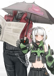Rule 34 | 1boy, 1girl, absurdres, anby demara, billy kid, black gloves, black pants, black skirt, dodo (yatotoyatoto), fingerless gloves, gloves, hair between eyes, headphones, highres, holding, holding newspaper, holding umbrella, jacket, looking ahead, navel, newspaper, pants, red jacket, short hair, sidelocks, skirt, standing, umbrella, white hair, zenless zone zero