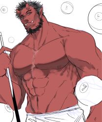 1boy abs bara beard black_hair colored_skin cowboy_shot facial_hair full_beard highres holding large_pectorals looking_at_viewer male_focus mature_male monster_boy muscular muscular_male navel nipples octo33 oni orb original pectorals pointy_ears red_oni red_skin simple_background solo standing thick_beard thick_eyebrows topless_male tsurime tusks unfinished