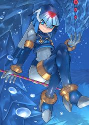 1girl android arm_support blue_eyes bodystocking bodysuit boots bracelet breasts bubble capcom crossed_legs dragon extra_eyes fairy_leviathan_(mega_man) female_focus gloves headgear helmet high_heels highres ice ice_dragon jewelry looking_at_viewer mega_man_(series) mega_man_zero_(series) polearm sitting small_breasts smile solo spear tesshii_(riza4828) thigh_boots thighhighs underwater weapon white_gloves