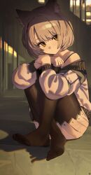 1girl absurdres animal_ear_fluff animal_ears black_pantyhose blush cat_ears cat_girl closed_mouth commentary_request crossed_legs crossed_wrists green_eyes grey_hair highres hugging_own_legs jacket knees_up long_sleeves looking_at_viewer mio_(xenoblade) no_shoes pantyhose pleated_skirt puffy_long_sleeves puffy_sleeves shadow short_hair sitting skirt soles solo songchuan_li white_jacket white_skirt xenoblade_chronicles_(series) xenoblade_chronicles_3