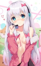 1girl areola_slip bare_shoulders blue_eyes blush bow bow_panties breasts closed_mouth collarbone commentary_request eromanga_sensei food_print fruit_print hair_between_eyes hair_bow hand_up headphones headset highres izumi_sagiri long_hair natsuichi-sama navel off_shoulder open_clothes open_shirt panties pink_shirt print_panties red_bow shirt silver_hair small_breasts smile solo strawberry_panties strawberry_print stuffed_animal stuffed_toy teddy_bear underwear unworn_panties very_long_hair wavy_mouth white_panties