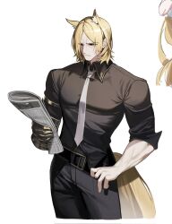 1boy animal_ear_fluff animal_ears arknights black_pants black_shirt blonde_hair closed_mouth collarbone collared_shirt commentary_request corrupted_twitter_file cropped_legs gauntlets highres holding holding_newspaper horse_boy horse_ears horse_tail korean_commentary male_focus mlynar_(arknights) necktie ness_(pjw0168) newspaper pants reading shirt shirt_tucked_in single_gauntlet sleeves_past_wrists solo tail white_background white_necktie yellow_eyes