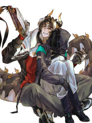 Rule 34 | 1boy, 1girl, absurdres, arknights, black footwear, black gloves, book, brown hair, chongyue (all-round actor) (arknights), chongyue (arknights), coat, collared jacket, covered face, doctor (arknights), dragon boy, dragon horns, dragon tail, female doctor (arknights), full body, gloves, grey pants, grin, hand grab, hand on own leg, hand up, head tilt, heads together, height difference, hetero, highres, hood, hood up, hooded coat, horns, indian style, jacket, knees up, looking at viewer, multicolored gloves, multicolored hair, multicolored jacket, one eye closed, open book, open clothes, open coat, orange eyes, pants, parted bangs, shirt, shoes, simple background, sitting, sitting between lap, smile, sneakers, streaked hair, tail, tareme, teeth, walhee221, white background, white footwear, white gloves, white hair, white jacket, white pants, white shirt