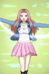 Rule 34 | 1girl, blue vest, breasts, brown eyes, cleavage, commentary request, digimon, digimon adventure tri., digimon frontier, henshin, jewelry, long hair, necklace, shirt, solo, spirit evolution, tachikawa mimi, transformation, vest, white shirt, withlike