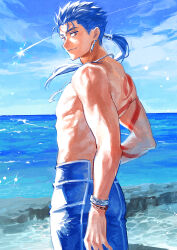 1boy arm_tattoo back_tattoo blue_hair blue_sky bracelet cowboy_shot crescent crescent_necklace cu_chulainn_(fate) cu_chulainn_(fate/stay_night) day earrings fate/grand_order fate_(series) hair_tubes highres jewelry long_hair looking_at_viewer looking_back male_focus necklace ocean pants ponytail red_eyes shooting_star single_hair_tube sky smile solo tattoo toned toned_male topless_male uni_(nico02) water