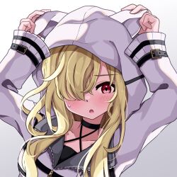 Rule 34 | 1girl, 9-nine-, animal ear headwear, arms up, backlighting, belt, black belt, black choker, black shirt, blonde hair, blush, choker, collarbone, commentary request, criss-cross halter, fake animal ears, ghost (9-nine-), hair over one eye, halterneck, hand on headwear, hood, hood up, hoodie, long bangs, long hair, long sleeves, looking at viewer, one eye covered, open mouth, red eyes, shirt, simple background, sleeve belt, sleeves past wrists, solo, sweatdrop, upper body, white background, white hoodie, wide sleeves, zipper, zukimikan