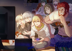 4boys 4girls abigail_williams_(fate) ahoge artoria_pendragon_(fate) bad_id bad_pixiv_id beard biceps blonde_hair blush breasts club3 controller couch enkidu_(fate) facial_hair fate/apocrypha fate/grand_order fate/zero fate_(series) game_console game_controller gilgamesh_(fate) grabbing_another&#039;s_breast grabbing_from_behind groping indian_style iskandar_(fate) jeanne_d&#039;arc_(fate) jeanne_d&#039;arc_alter_(avenger)_(fate) jeanne_d&#039;arc_alter_(fate) mordred_(fate) mordred_(fate/apocrypha) multiple_boys multiple_girls official_alternate_costume open_mouth parted_lips playing_games playstation_4 red_hair saber_alter silver_hair sitting smile television waver_velvet yuri