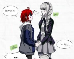 black_hair black_ribbon blue_eyes blush braid braided_ponytail closed_mouth genderswap genderswap_(mtf) grey_skirt height_difference holding_hands jacket kirifuji_nozomi long_hair long_sleeves multicolored_hair open_mouth pleated_skirt purple_eyes purple_jacket red_hair ribbon shirt simple_background skirt speech_bubble sumino_takumi the_hundred_line_-last_defense_academy- thought_bubble white_background white_shirt yuri