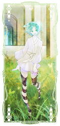 Rule 34 | 1other, androgynous, aqua eyes, aqua hair, aqua tongue, arch, az rei, bathrobe, border, bow, bug, butterfly, card (medium), colored skin, day, floating hair, full body, grass, happy, highres, houseki no kuni, insect, long sleeves, looking at viewer, open mouth, other focus, outdoors, parted bangs, phosphophyllite, robe, short hair, smile, solo, sparkle, waist bow, white border, white bow, white robe, white skin, wind