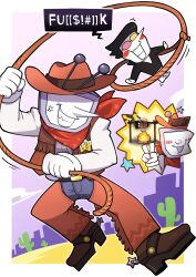 2boys anger_vein ant_tenna belt black_jacket blue_pants blush_stickers border bound brown_hat brown_vest cactus censored_profanity chaps colored_skin cowboy_hat crt deltarune fire gloves hat highres holding holding_rope jacket male_focus multiple_boys object_head oimo64 outside_border pants pointy_nose red_scarf rope scarf shirt size_difference sky spamton_g._spamton speech_bubble star_(symbol) tied_up_(nonsexual) v vest white_border white_gloves white_shirt white_skin