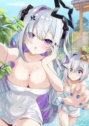 2girls absurdres amane_kanata amane_konata asymmetrical_bangs black_hair black_halo black_nails black_ribbon blue_hair blue_nails bob_cut breasts cleavage colored_inner_hair commentary_request covered_navel double-parted_bangs grey_hair hair_between_eyes hair_ornament hair_over_one_eye hair_ribbon halo hand_up highres hololive kudoukudokudo large_breasts long_hair looking_at_viewer motion_blur multicolored_hair multiple_girls naked_towel onsen open_mouth outdoors outstretched_arm pink_hair purple_eyes purple_hair reaching reaching_towards_another reaching_towards_viewer ribbon selfie shaded_face short_hair single_hair_intake star_(symbol) star_hair_ornament star_halo streaked_hair towel two_side_up virtual_youtuber wet