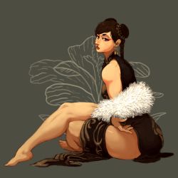 1girl barefoot biceps braid calves capcom chun-li cromwaits dress eyeshadow feet female_focus from_side grey_background head_tilt highres legs makeup muscular muscular_female parted_bangs pelvic_curtain plantar_flexion sitting solo street_fighter thick_thighs thighs twin_braids