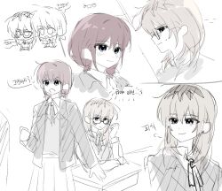 2girls blazer closed_mouth collared_shirt commentary_request girls_band_cry glasses grey_eyes grey_hair i2727272727 iseri_nina jacket kawaragi_momoka korean_commentary korean_text long_hair looking_at_another multicolored_hair multiple_girls neck_ribbon pleated_skirt red_hair ribbon roots_(hair) school_uniform shirt short_twintails skirt smile speech_bubble translation_request twintails