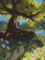 1boy artist_name champion&#039;s_tunic_(zelda) commentary day english_commentary facing_away flower from_behind grass highres ivy_(sena0119) link male_focus nintendo outdoors solo the_legend_of_zelda the_legend_of_zelda:_breath_of_the_wild tree twitter_username weapon weapon_on_back white_flower