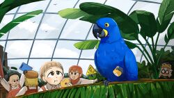 5girls :d :o absurdres binoculars bird black_hair blonde_hair brown_hair commentary diva_(hyxpk) donut_stamp double_bun duck eating english_commentary girl_with_boyish_hair_(diva) grey_hair hair_bun hat highres hyacinth_macaw lion_shirt_girl_(diva) macaw multiple_girls open_mouth overalls parrot penguin_fan_(diva) penguin_hat penguin_keeper_(diva) plant red_hair red_overalls shirt short_hair smile survey_girl_(diva) white_shirt zoo zookeeper zookeepers_(diva)