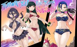 Rule 34 | 3girls, alternate costume, bags under eyes, bare shoulders, beach, bikini, bikini skirt, black bikini, black hair, black nails, black skirt, blue bikini, blue choker, blue hair, blunt bangs, blunt ends, bracelet, breasts, brown eyes, camera, choker, cleavage, cloud, colored tips, commission, corphish, cowboy shot, earrings, fingernails, from below, frown, gen 3 pokemon, ghost pose, gold ring, gradient hair, gradient sky, green hair, grin, hair between eyes, half-closed eyes, hand in own hair, hand up, hands up, hex maniac (pokemon legends: z-a), hime cut, holding, holding camera, jewelry, large breasts, lipstick, long hair, looking at viewer, makeup, medium breasts, microskirt, multicolored hair, multiple girls, nail polish, navel, nintendo, o-ring, o-ring bikini, ocean, orange sky, outdoors, outstretched hand, parted lips, perrin (pokemon), pokemon, pokemon (creature), pokemon hgss, pokemon legends: z-a, pokemon lgpe, pokemon sv, purple sky, red bikini, red choker, red eyes, red lips, ring, sabrina (pokemon), short hair, single bang, skirt, sky, smile, sparkle, sphere earrings, strapless, strapless bikini, sun, sunset, swimsuit, thank you, two-tone hair, underboob, wanderjegson, water, wristband