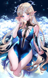 1girl absurdres alternate_costume artist_name bare_shoulders blonde_hair blue_dress blue_eyes blue_hair breasts cartethyia_(wuthering_waves) closed_mouth colored_inner_hair commentary covered_navel crown_of_thorns dress earrings fingernails hand_up highres jewelry large_breasts light_blush long_hair looking_at_viewer multicolored_hair pelvic_curtain pointy_ears ringeko-chan side_slit sidelocks sitting solo tacet_mark_(wuthering_waves) thighs very_long_hair wuthering_waves