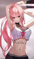 1girl armpits arms_up bare_arms bare_shoulders baseball_cap black_hat breasts cleavage crop_top crop_top_overhang fishnets groin hat holding hololive hololive_english jewelry large_breasts long_hair looking_at_viewer midriff mori_calliope mori_calliope_(streetwear) navel necklace official_alternate_costume parted_lips pink_hair ponytail red_eyes scottie_(phantom2) see-through_clothes see-through_sleeves shirt sidelocks skull_and_crossbones skull_print sleeveless sleeveless_shirt solo stomach sweat undershirt unworn_hat unworn_headwear upper_body very_long_hair virtual_youtuber white_shirt